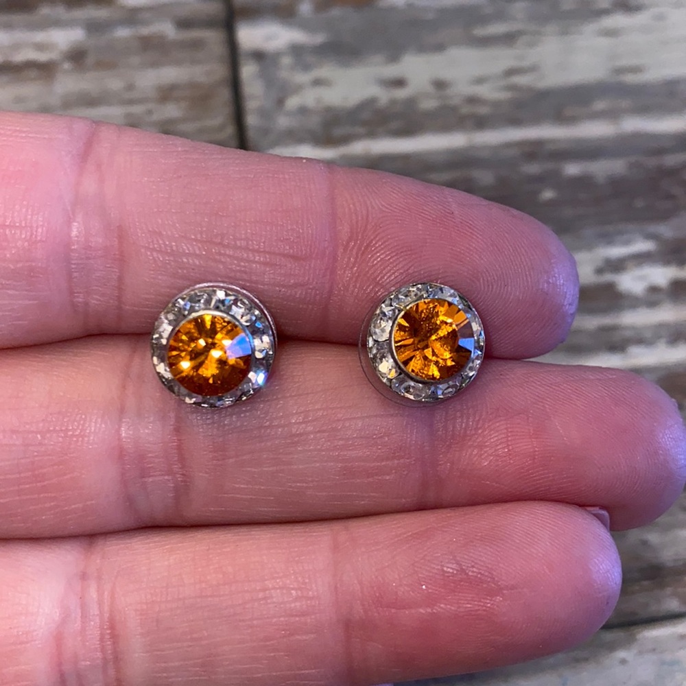 Orange and rhinestone stud earrings